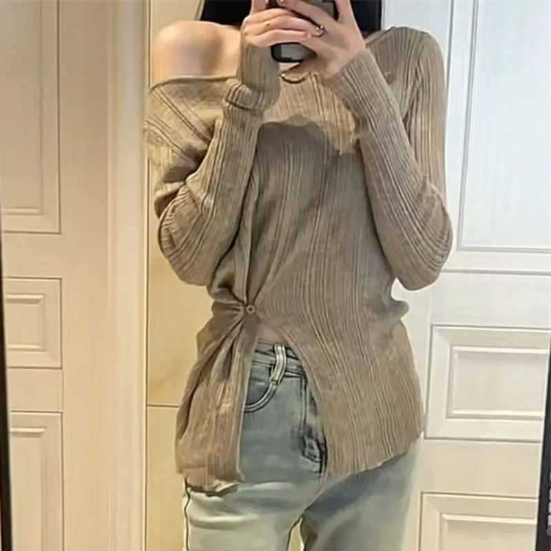 

Women's Spring Autumn Fashion Elegant Solid Color Pullover One Line Neck Korean Versatile Long Sleeve Slim Fit T-shirt Tops