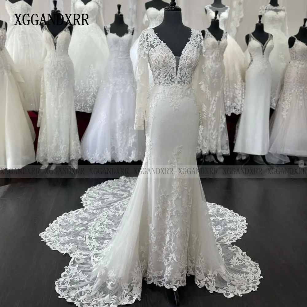 XGGandXRR Real Mermaid Wedding Dress 2023 V Neck Long Sleeves Ivory Lace Bridal Gown Chapel Train Bride Dress Button Custom Made