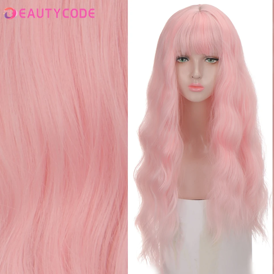 BEAUTYCODE Synthetic wig Long Pink Womens Wigs With Bangs Heat Resistant Kinky Curly Orange Gold Cos Play Lolita Wigs for Women