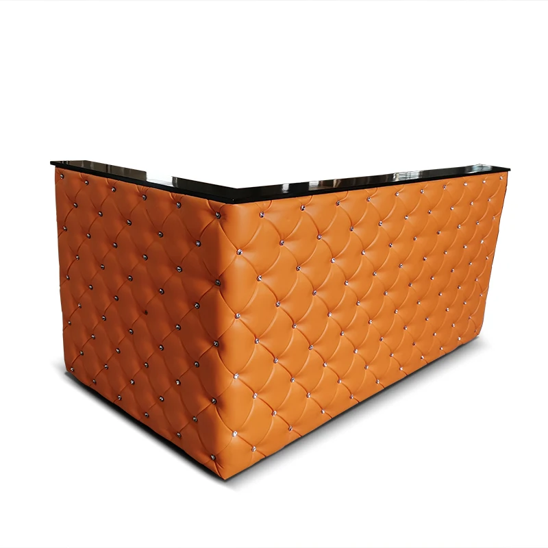 Antique Beauty Salon Tufted Orange Leather Corner Front Desk  Wooden Cabinet l Shaped Reception Desk with Storage