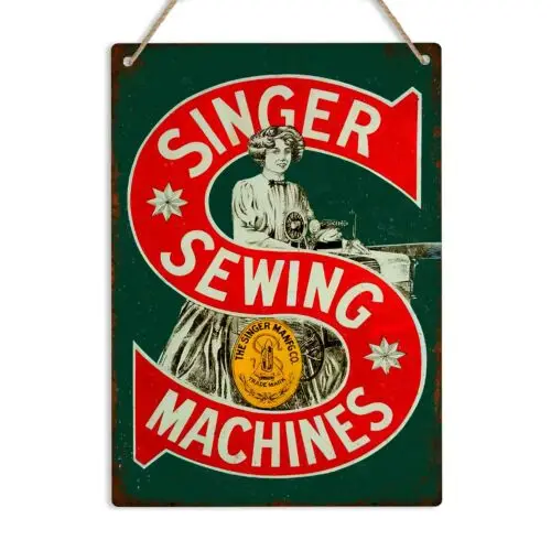 SINGER SEWING MACHINES Vintage Metal Wall Sign Retro Woman Craft Room Plaque Art