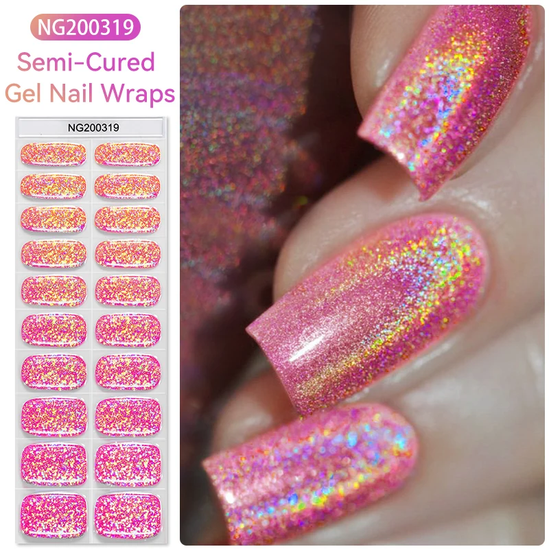 20/22/24Tips Glitter Colorful Semi-cured Gel Nail Wraps French Nail Sticker Adhesive Full Cover Gel Nail Manicure Decoration