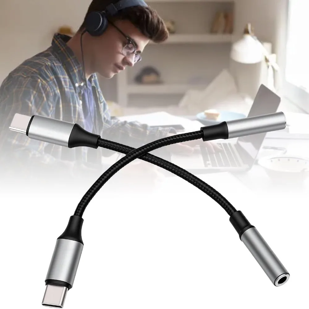 2PCS Portable Type-c To 3.5mm Headphone Adapter Built-in DAC Chip Plug and Play 3.5mm Female Jack Converter Noise Reduction