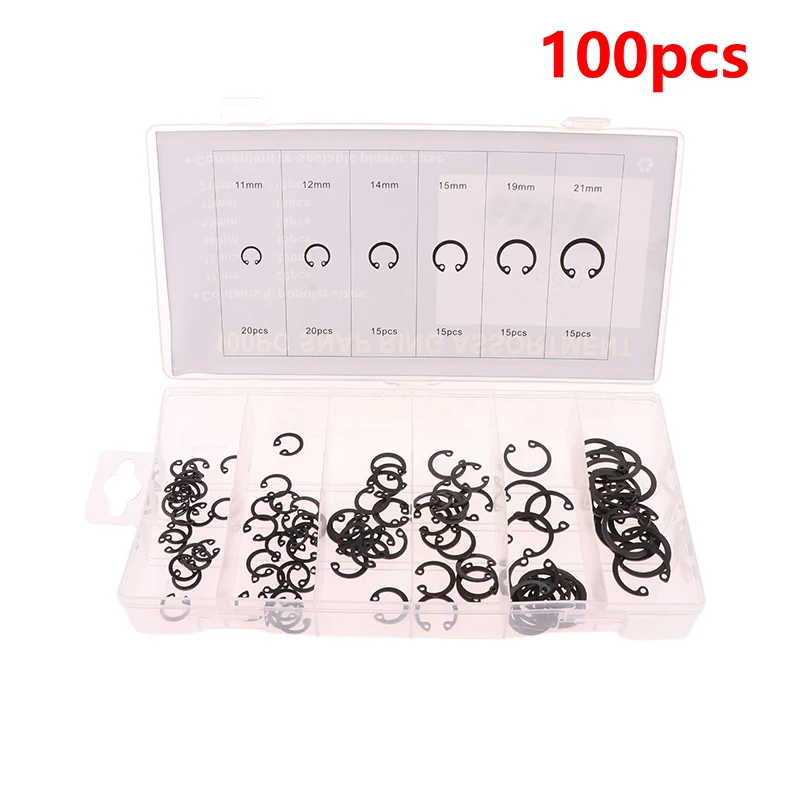 100Pcs 11-21MM Snap Ring Shop Assortment Carbon Steel C Type External Circlip Snap Retaining Clip Rings Set, 6 Sizes