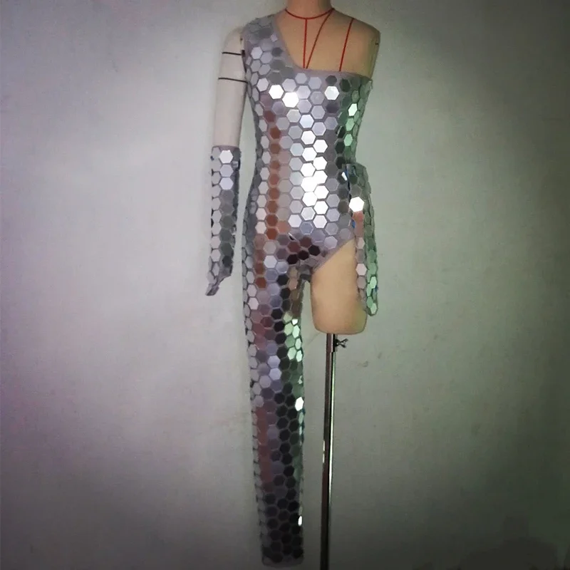 Silver Mirror Sequins High Score One-Leg Jumpsuit Men Women Mirror Suit Stage Dance Performance Clothing Nightclub Wear DNV12872