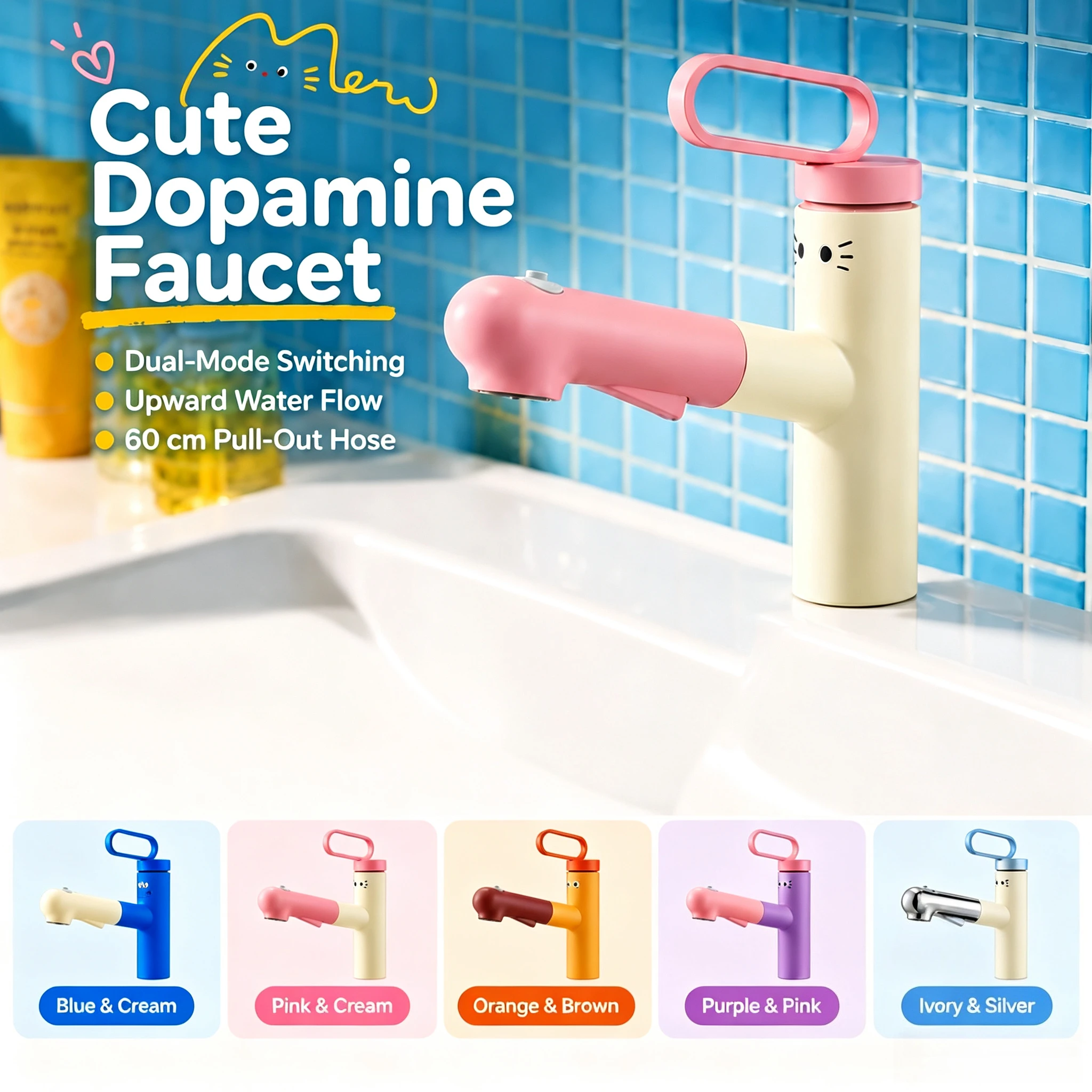 Cute Cartoon Puppy Pull Out Bathroom Sink Faucet with Spray Upward Mouthwash Water Dopamine Color Basin Mixer Tap Kids Vanity