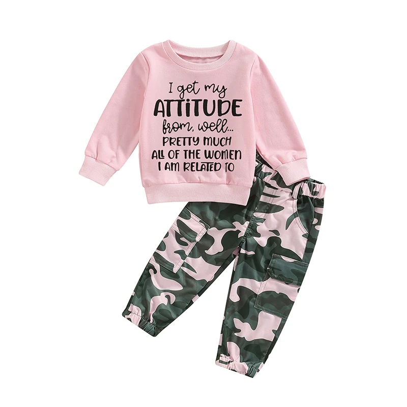 

Baby Girl 2Pcs Fall Outfits Long Sleeve Sweatshirt Camouflage Cargo Pants Set Toddler Clothes