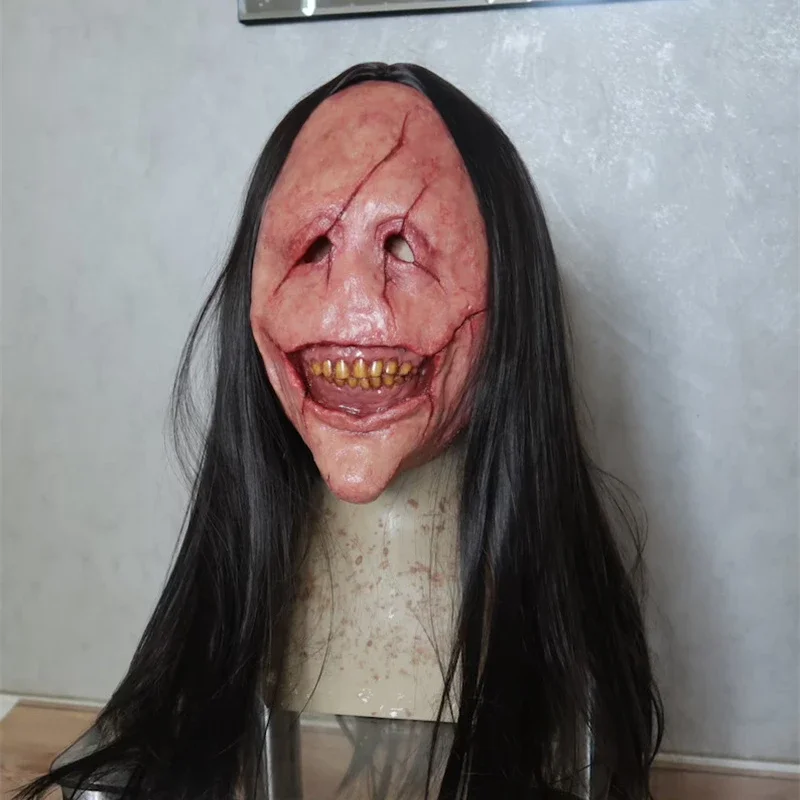 Halloween Horror Long Hair Devil Red Face Devil Mask Toothless Devil Latex Long Hair Mask Halloween Costume