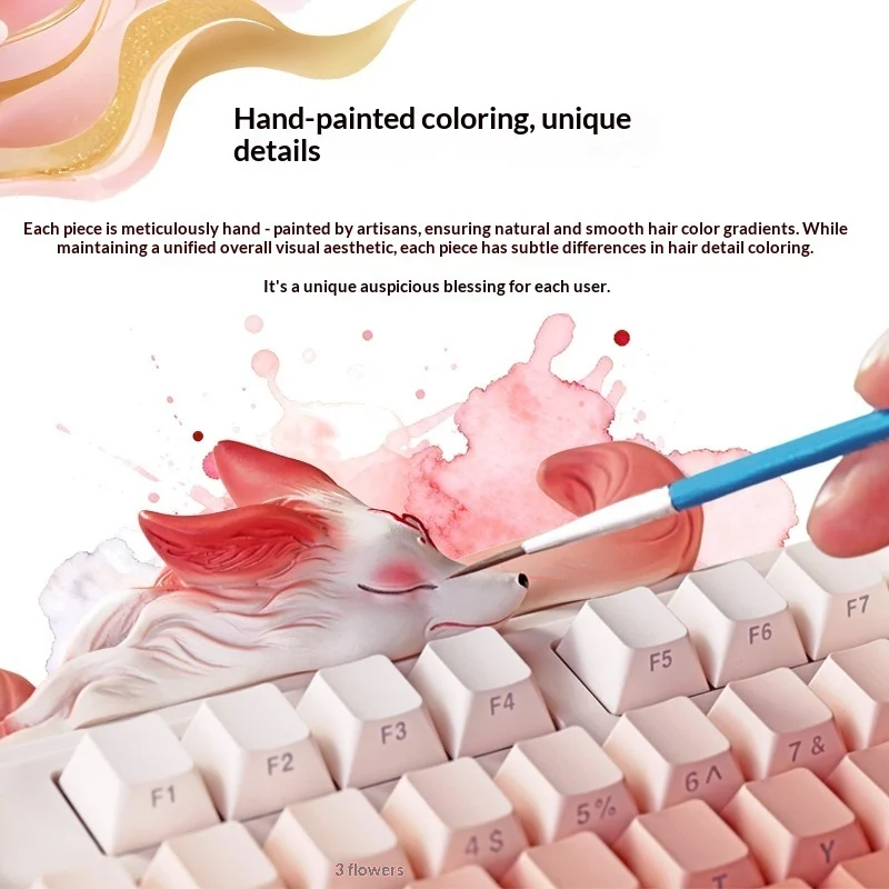 New Custom Mechanical Keyboard Nine Tailed Spirit Fox Gradient Pink Hand Painted Ergonomic For Gaming Office Graduation Gift