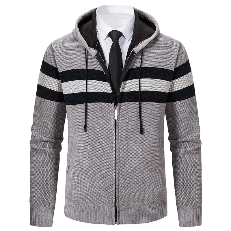 Vintage Hooded Sweater Coat Fashion Knitted Cardigan Jacket Autumn Winter Fleece Lined Sweaters Coat Slim Fit Men's Outerwear