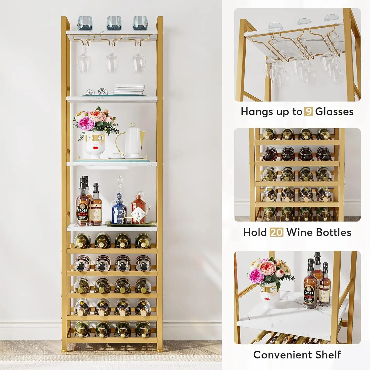 20 Bottle Wine Bakers Rack, 9 Tier Freestanding Gold Wine Rack with Glass Holder and Storage Shelves, 2PCS Faux Marble Cabinet