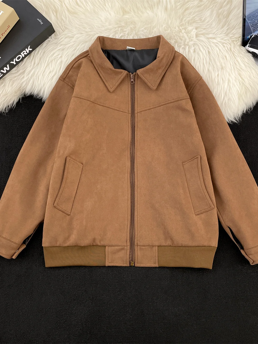 

Замшевая куртка в американском стиле ретро для мужчин, весенне-осенние куртки на молнии с лацканами, повседневное модное однотонное мужское пальто