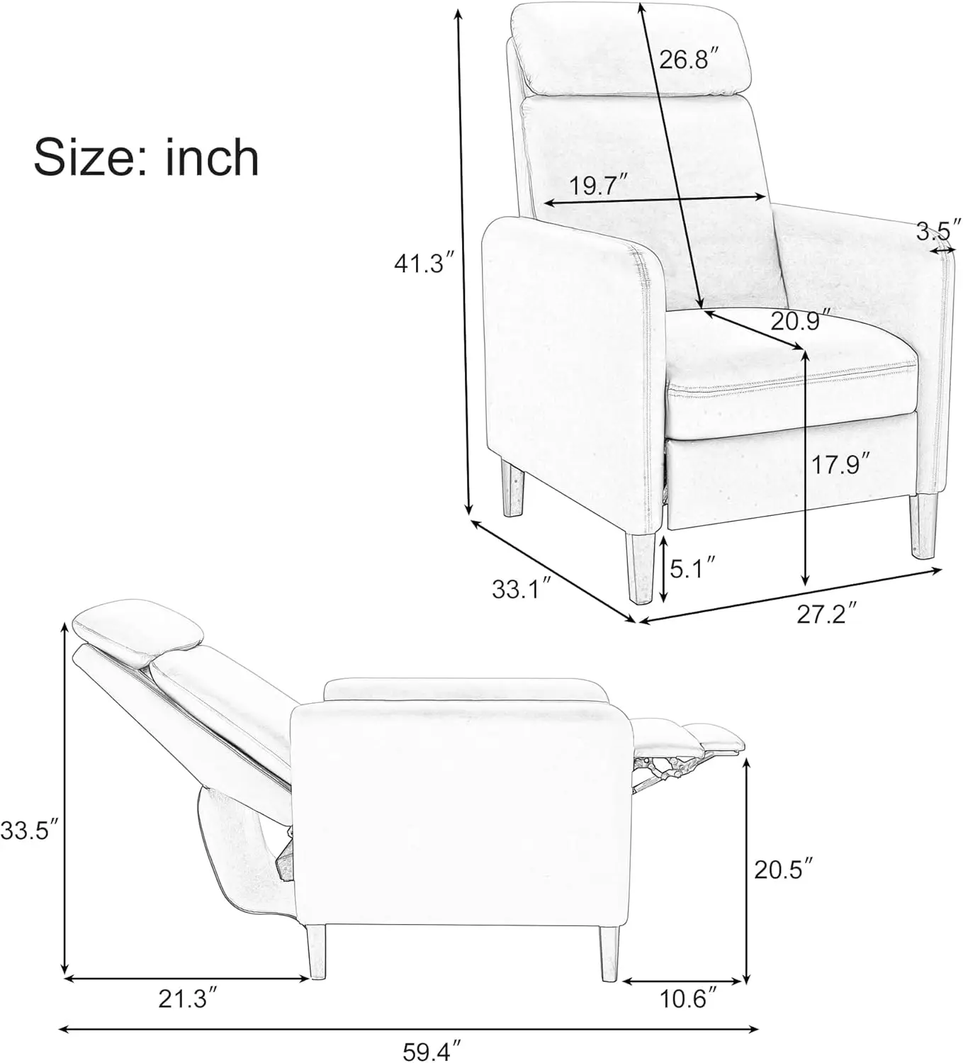 Push Back Recliner Chair, Upholstered Accent Chair Recliners with Thick Seat Cushion and Backrest Small Recliners for Small Spac