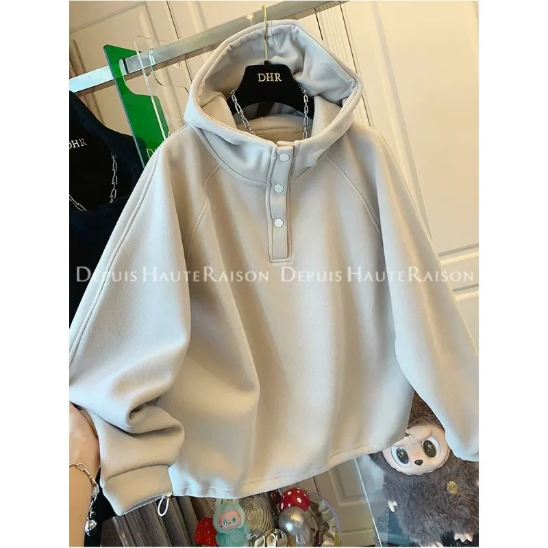 Women's American Casual Hooded Fleece Lined Thickened Pullover Sweatshirt Loose Inner Layer Top Coat