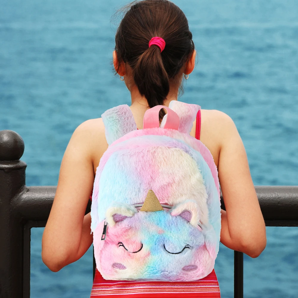 Unicorn Plush Girls Small Backpack Cartoon Kawaii Soft Fur Schoolbag Fashion Gradient Color Casual Simple Portable Children Gift