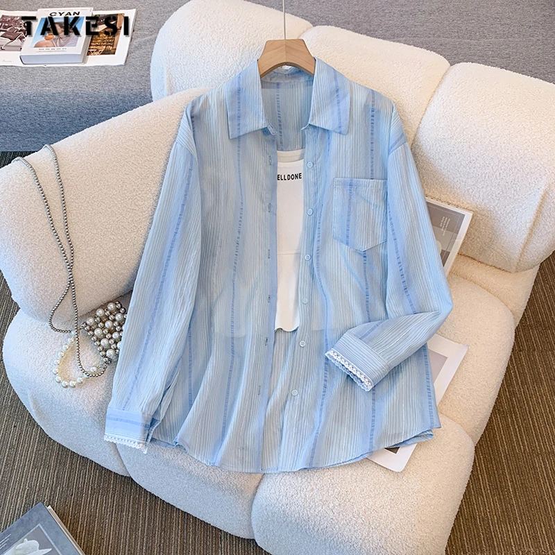 

2024 Summer Casual Style Turn-down Collar Blue Striped Blouses Korean Women's Single Breasted Chic Long Sleeve Loose Fit Shirts