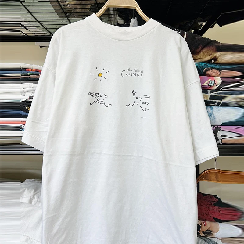 Hand-Drawn Graffiti Design Short Sleeve T-Shirt Vintage Heavyweight Trendy Brand round Neck Body Shirt Cotton Youth Summer Fa...