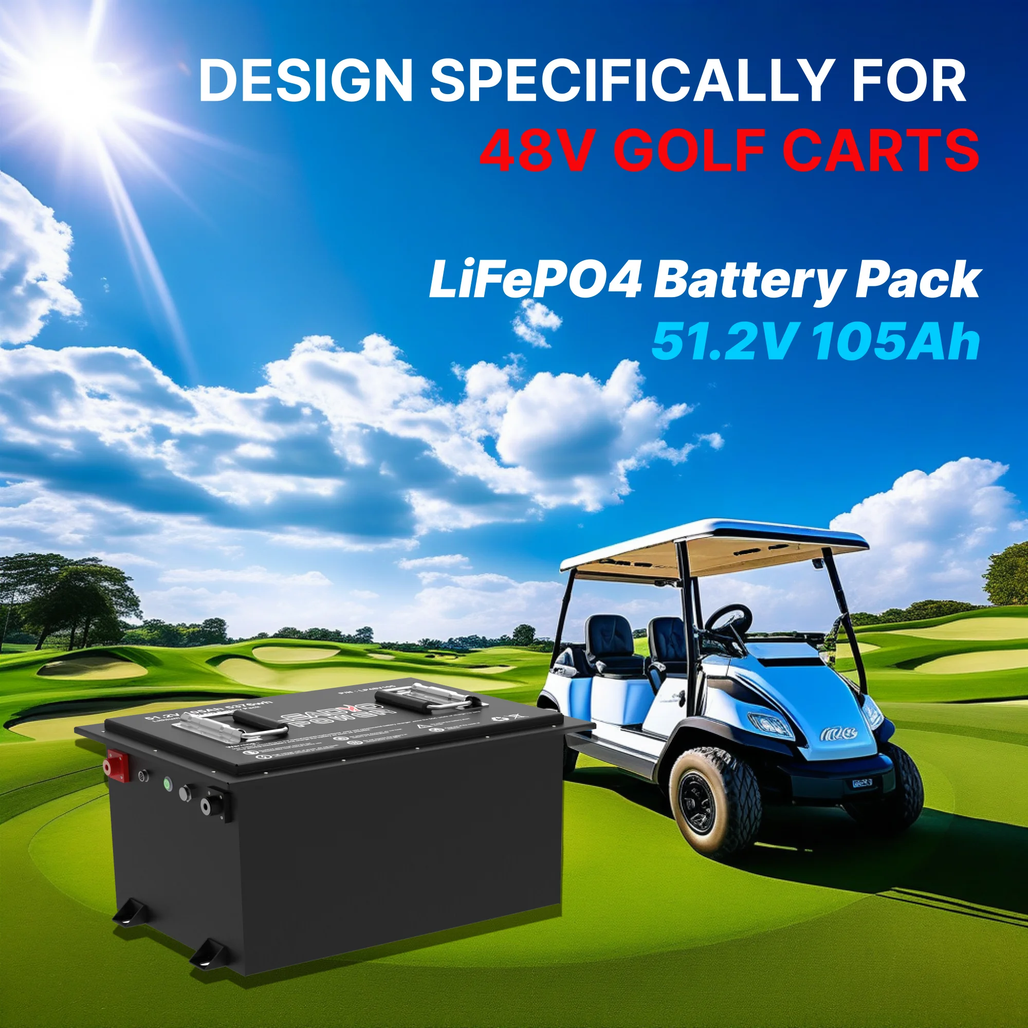 48V 250Amp LiFePO4 Batteries Smart 51.2V 105Ah LFP Lithium Golf Cart Battery Pack with LCD display and Bluetooth Monitoring