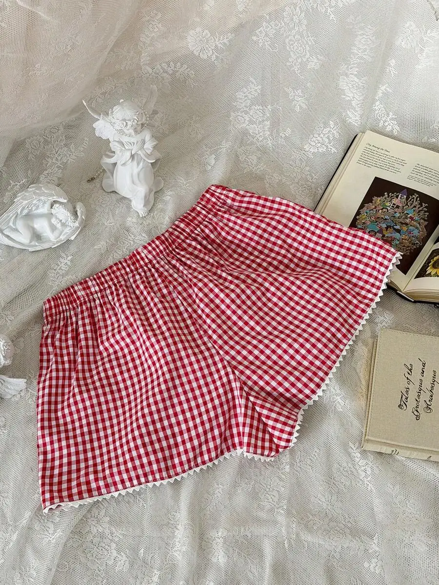 

Red Gingham Women Shorts With Lace Trim Pajama Boxer Shorts