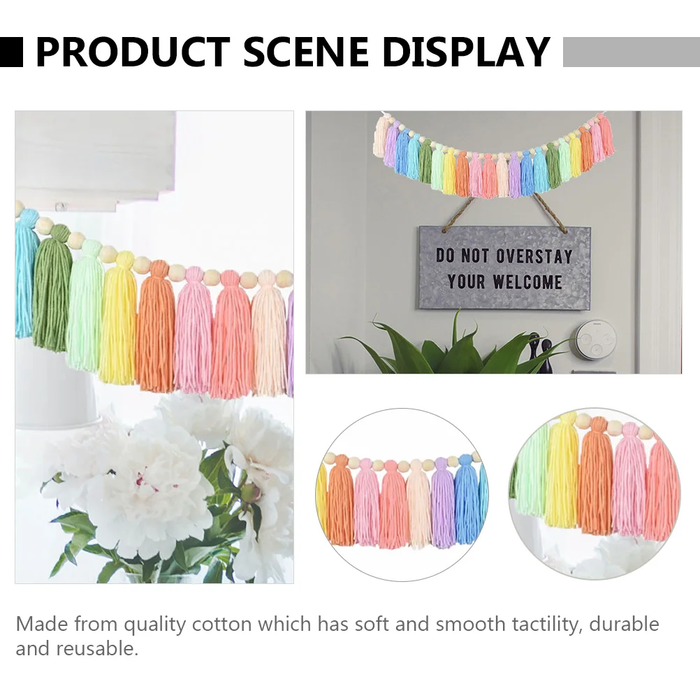 

Rainbow Tassel Wall Hanging Decoration Cotton Tassel Garland Wood Bead Bohemian Hanging Garland Nursery Bedroom Living Room