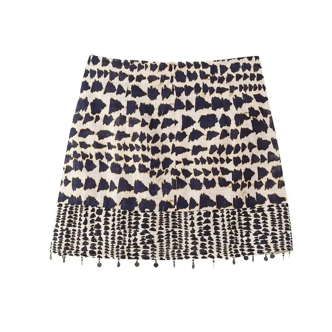 Women Vintage Geometric Print Knotted Mini Sarong Skirt Faldas Mujer Female Beading Tassel Casual Zipper Vestidos