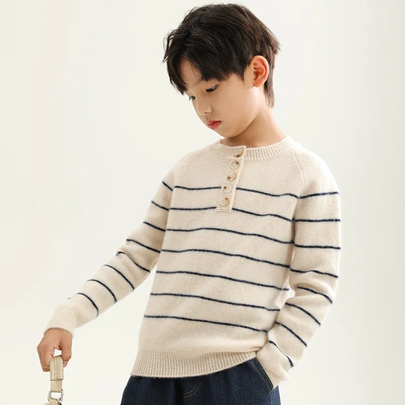 O-Neck  Unisex Style 100%  Merino Wool  Sweater Autumn And Winter  Pullover  Long Sleeve Knitwear Children's Clothing Tops view 2