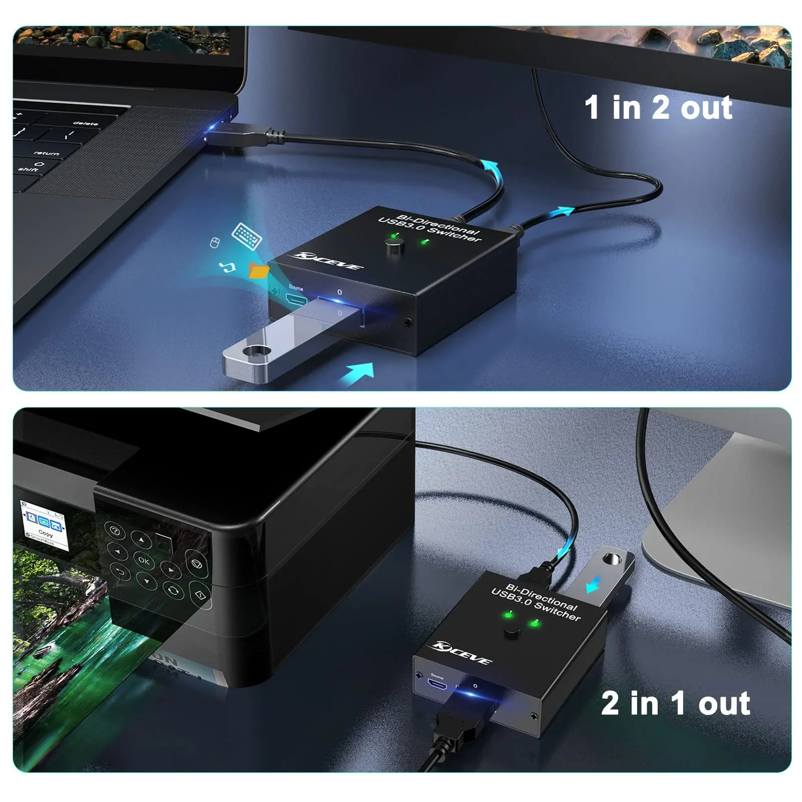 USB 3.0 Switch Selector, Bi-Directional USB Switch 2 in 1 Out / 1 in 2 Out, USB Switcher for 2 Computers Share Keyboard Mouse