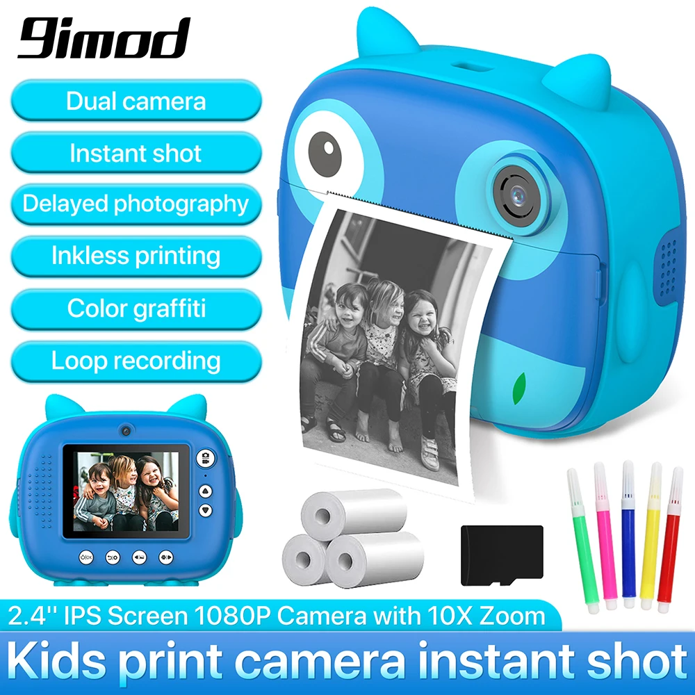 

9IMOD Children Instant Print Camera 2.4inch 1080P Selfie Video Photo Digital Camera with 10X Zoom Portable Travel Toy for Kids