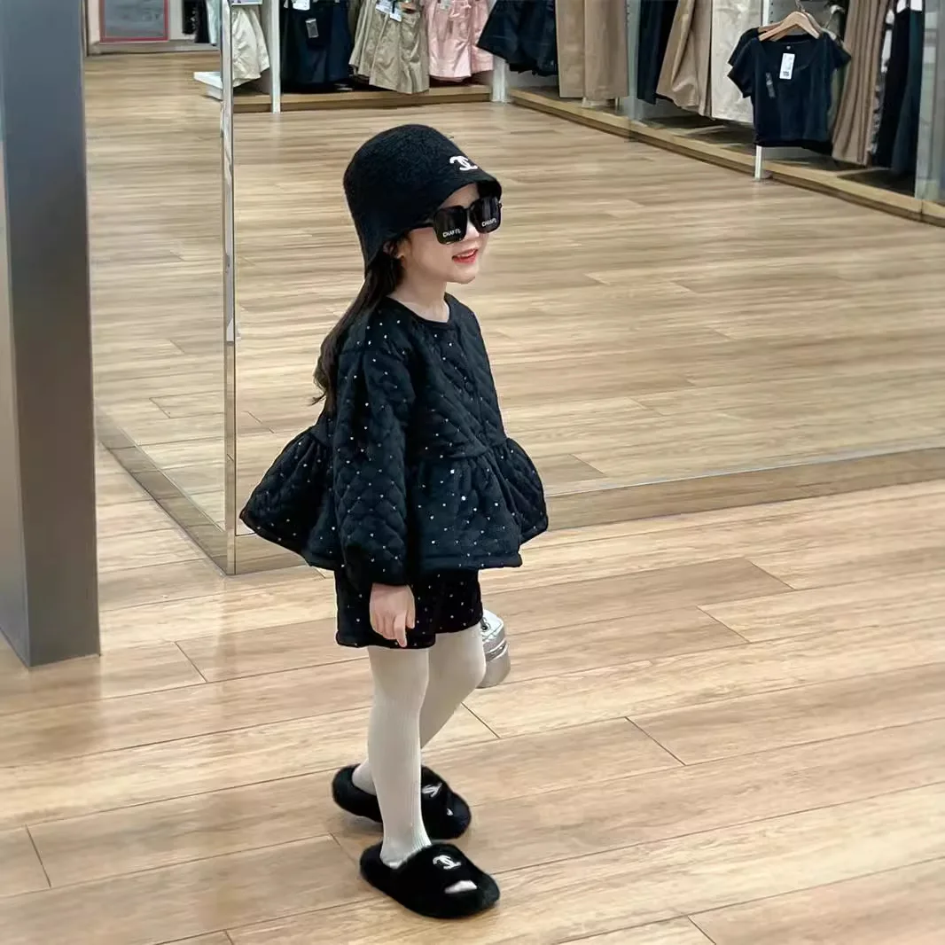 Korean Children Clothing Girls Autumn Winter Small Fragrance Style Fashionable Sequins Velvet Thick Jacket Shorts Two-piece Set