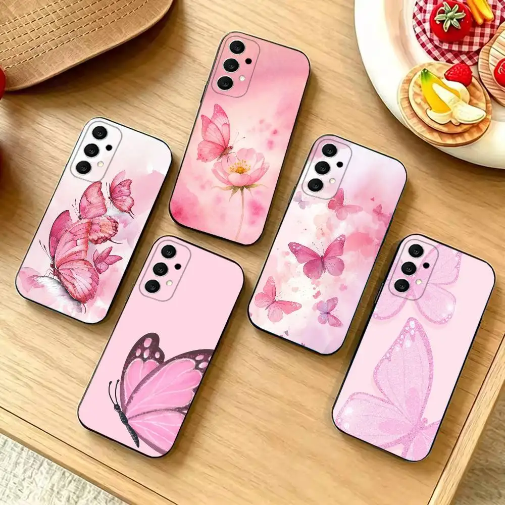 Cute Pink Butterfly Pattern Fashion Black Silicone Protective Phone Cover, Suitable for Samsung S20-S26,Ultra,Plus,FE,Lite,5G