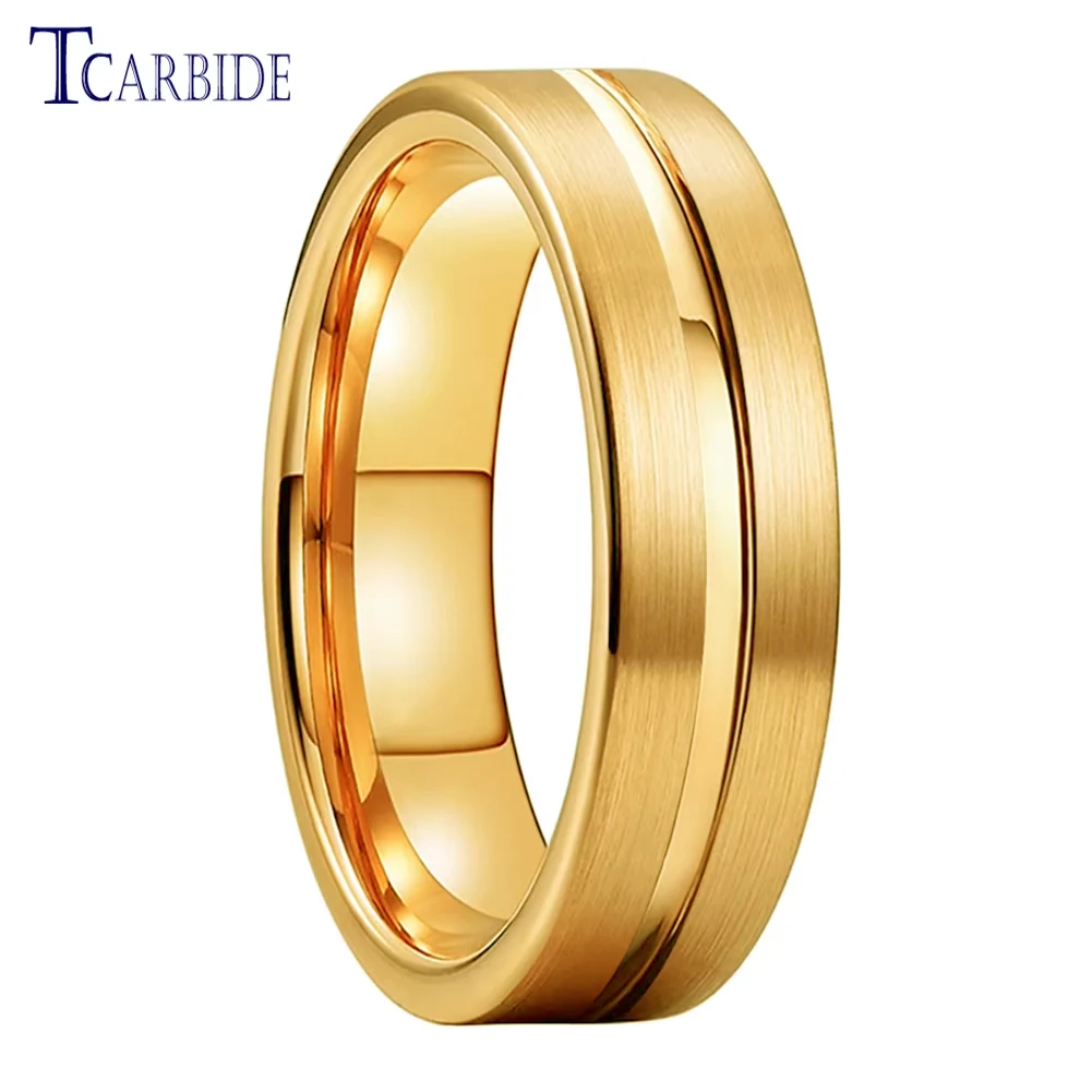 6MM Men Women Ring Tungsten Wedding Band Rose Gold Color With Brushed And Center Groove Finish Comfort Fit