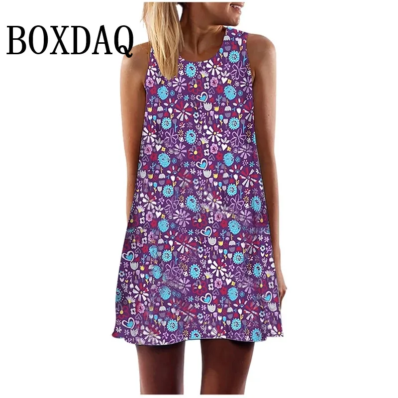 Vestido corto holgado de verano para mujer, minivestido con estampado de corazón y amor, estilo Hip Hop, sin mangas, cuello redondo, para fiesta y playa