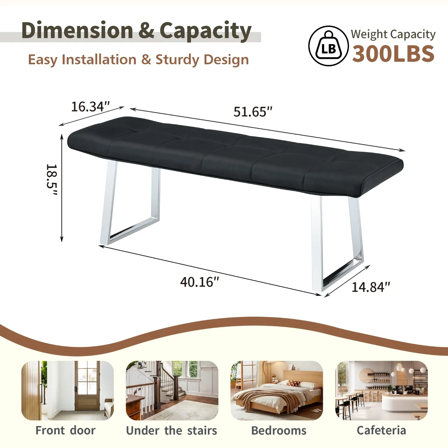 Dining Bench for 2-3, Upholstered Bench with Premium Leather, High-Resilience Sponge Cushion, Metal Beam Reinforced in Cushion