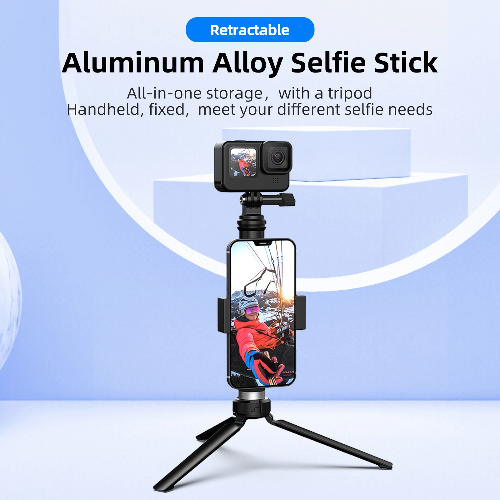 TELESIN For GoPro Selfie Stick 360° Rotation Foldable Tripod Phone Holder Aluminum Alloy Monopod for DJI Insta360 Smartphone