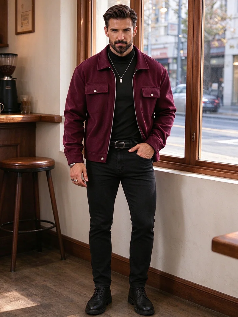 Herrenjacke aus gebürstetem Polyester, Reversjacke mit Knopfleiste/Reißverschluss und Tasche, bequeme, lässige Herbst- und Winterjacke für Büro und Business – Detail 34