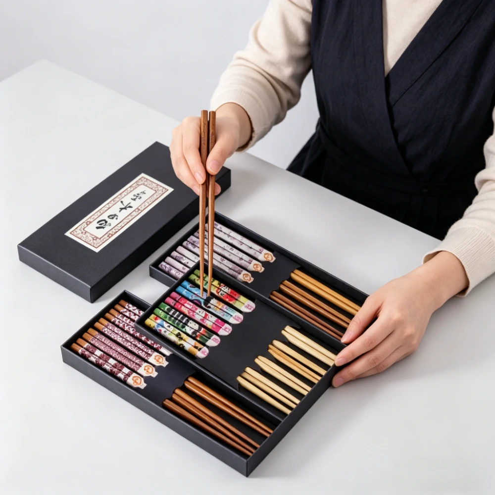 Japanese Household Bamboo Chopsticks 5 Pairs Gift Box Set, Anti-slip Pointed Tip Design Family Dining Tableware Gift Pack