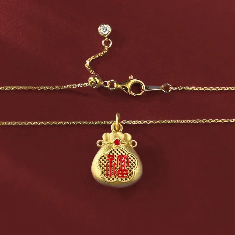 Desire New S925 Silver Gold-plated Lucky Bag Pendant with Chinese Style Gold Necklace Adjustable