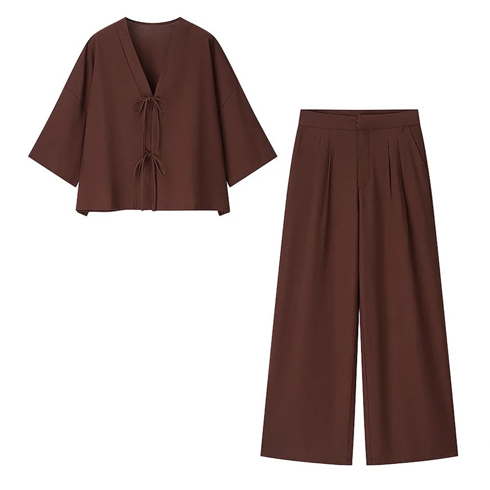 

Summer new fashionable solid color cotton and linen kimono loose top, wide leg pants set