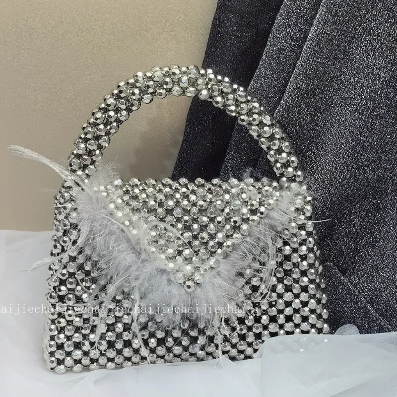 

New Fashionable Versatile Feather Ladies Handbag Niche Designer High-end Color Banquet Bag Handmade Custom Beaded Women's Bags