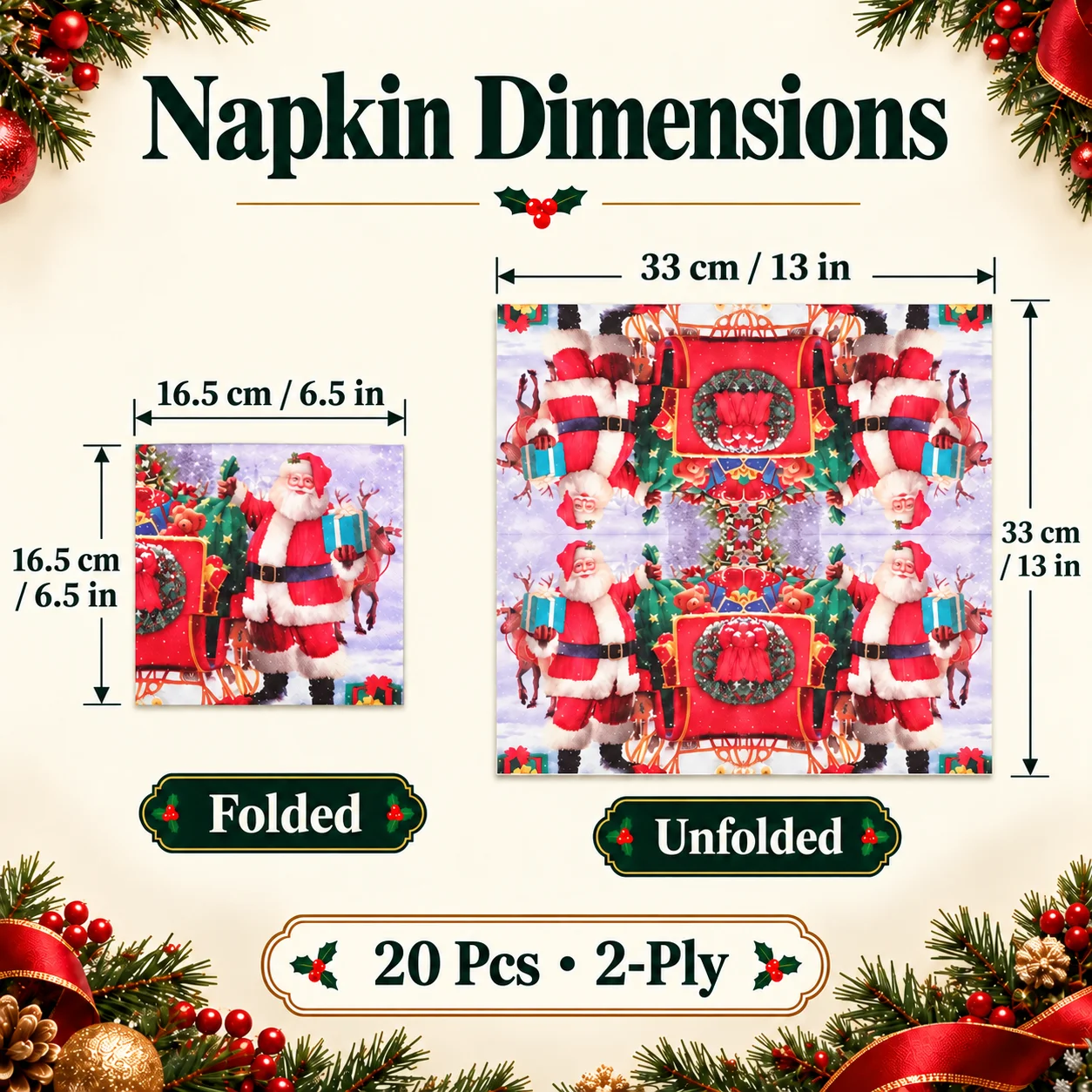20Pcs Vintage Christmas Paper Napkins 33x33cm 2-Ply Santa Claus Reindeer Sleigh Print for Party Table Decoration