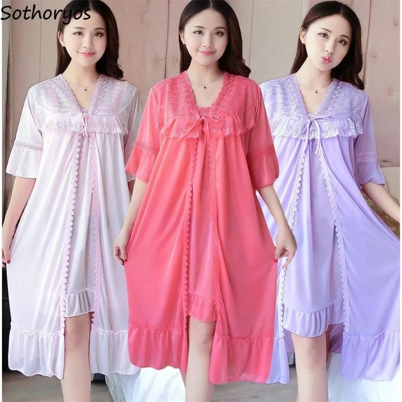 Robe Gown Sets Women 2pcs Solid Ice-silk Trendy Casual Lace Up Home Popular 3XL Loose Nightwear Sexy Thin Womens Bathrobe Chic