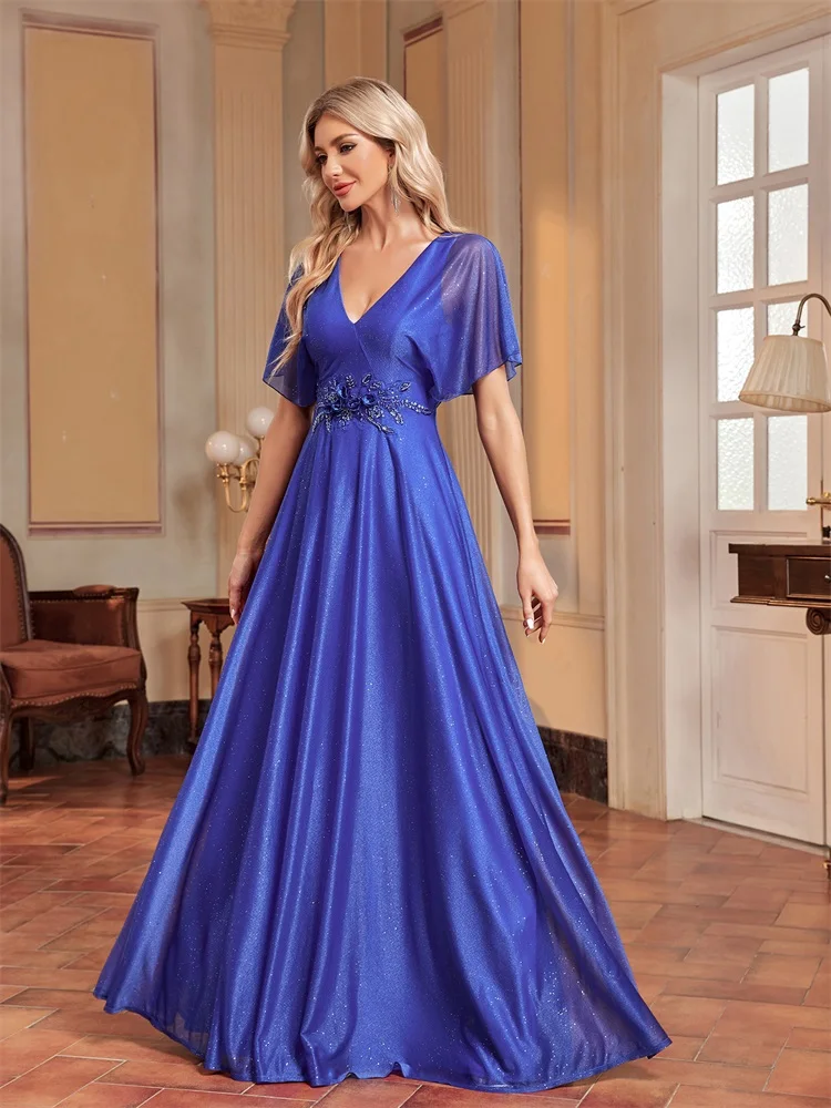 Lucyinlove Elegant Royal V-neck Formal Evening Dress 2024 Women Short Sleeves Applique Wedding Party Dresses Long Gowns