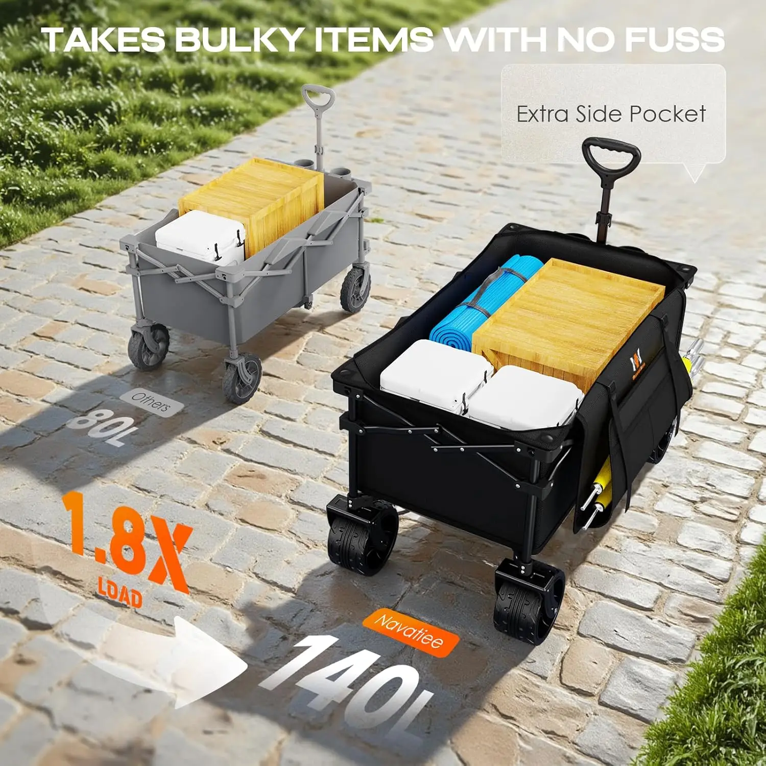 Black Collapsible Wagon Cart for Beach, Camping, Garden & Sports, Heavy Duty with Silent All-Terrain Wheels and Brakes