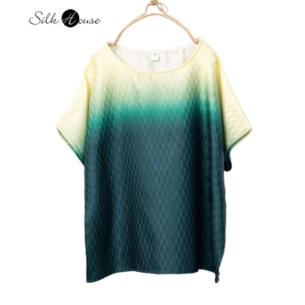 

Женская повседневная футболка с градиентным цветом, 70% натуральный шелк шелковицы, 30% хлопок, повседневная футболка с заниженными плечами и короткими рукавами, круглым вырезом