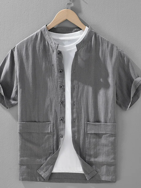 

New Chinese Style Men's Short Sleeve Shirt Thin Breathable Linen Silk Casual Sun Protection Stand Collar Shirt Lightweight Lu...