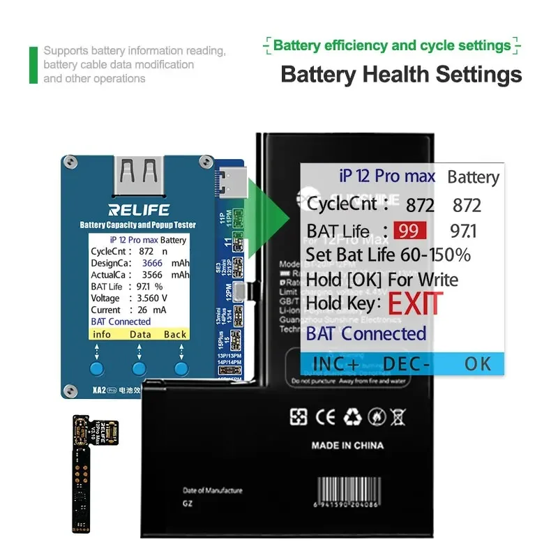RELIFE XA2 Pro Battery Efficiency Pop Up Tester for IPhone 11-15 Pro max Battery Health Detection Resolving Pop-up Window Issues