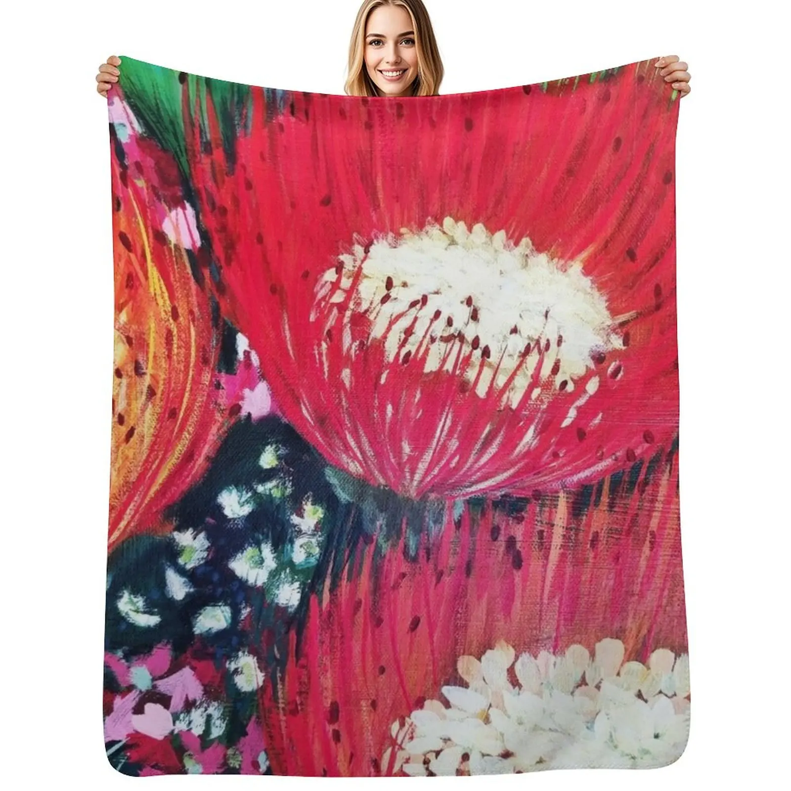 Three Red Australian Flowers Throw Blanket Reusable Durable Soft Blanket for All Seasons