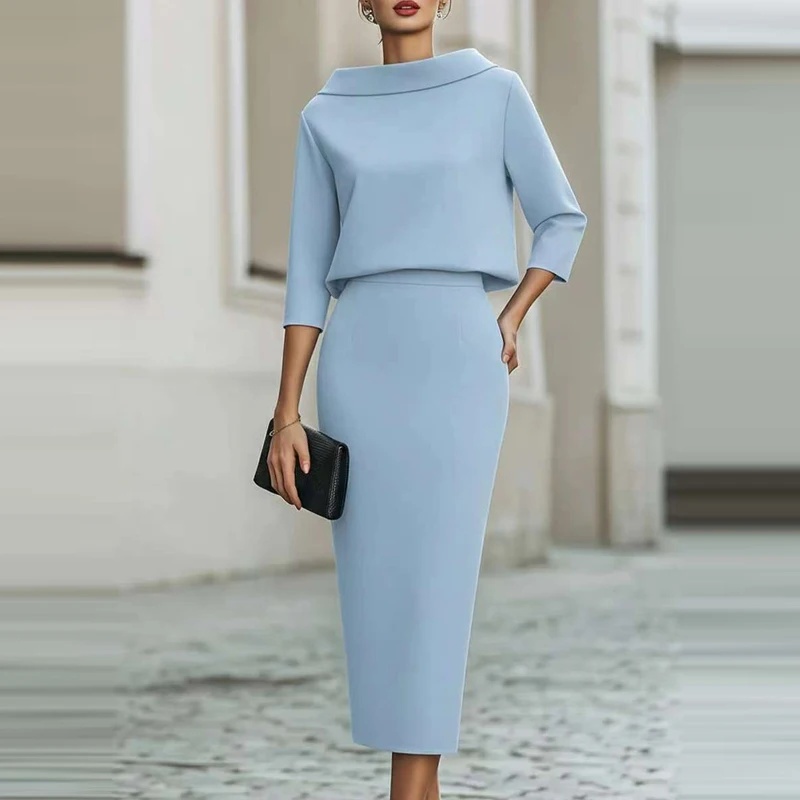 

Fashion O-neck Long Sleeve Tops Skirts Matching Sets Elegant Solid Slim Half Skirts Sets Temperament Simple Wrap Hips Skirts Set