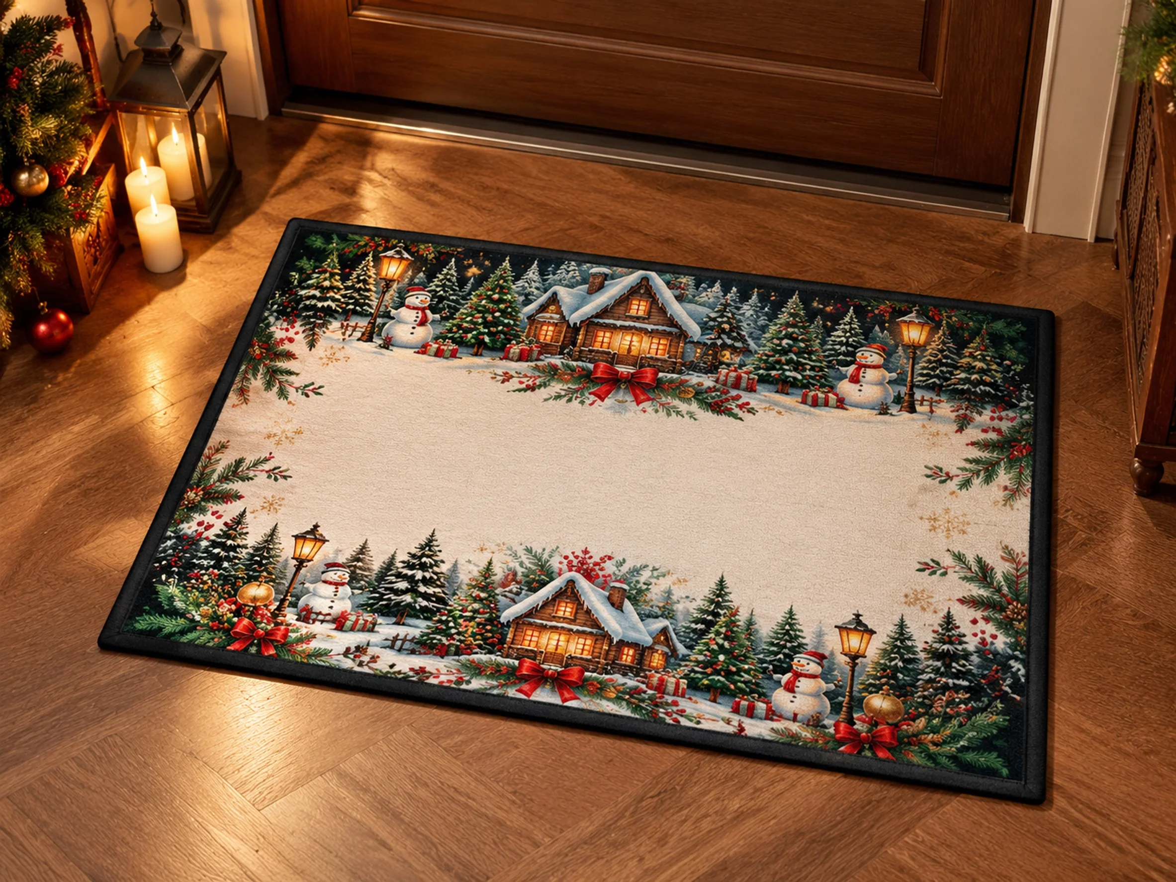VIKAMA Christmas Green Silver House Flannel Door Mat, Quick Dry Non-Slip Floor Mat, Xmas Decor for Farmhouse, Entryway