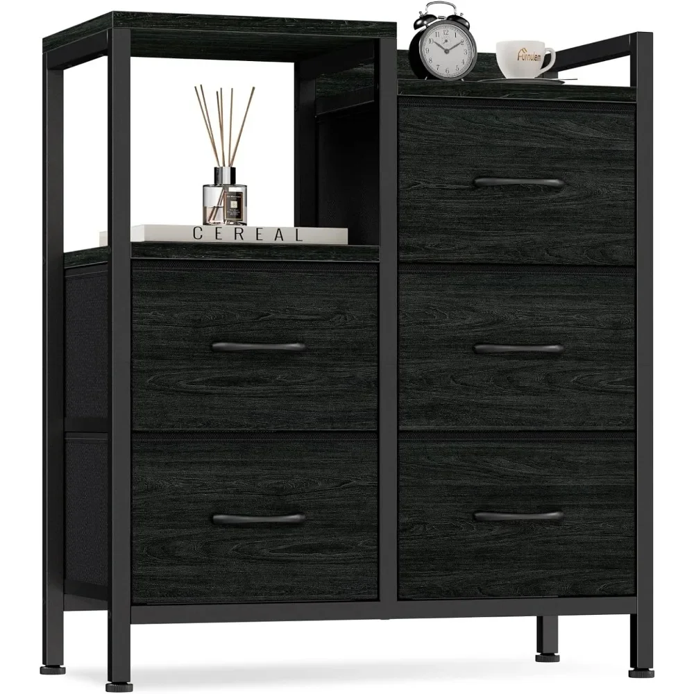 

Bedroom black oak vanity with 5 fabric drawers, small storage cabinet, 2-layer storage rack, sturdy frame and wooden top